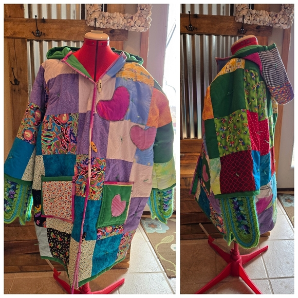 Upcycled Vtg Quilt Blanket Coat L-XL Handmade Dont Throw It Out - Picture 2 of 8